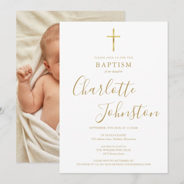 Modern Baptism Christening Golden Signature Photo Invitation (Front/Back)