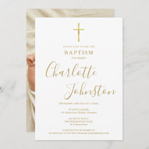 Modern Baptism Christening Golden Signature Photo Invitation