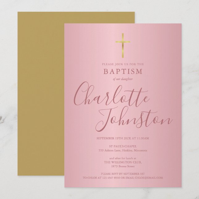Modern Baptism Christening Rose Gold Invitation (Front/Back)