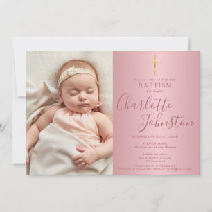 Modern Baptism Christening Rose Gold Script Photo Invitation