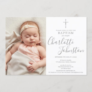 Modern Baptism Christening Silver Script Photo Invitation