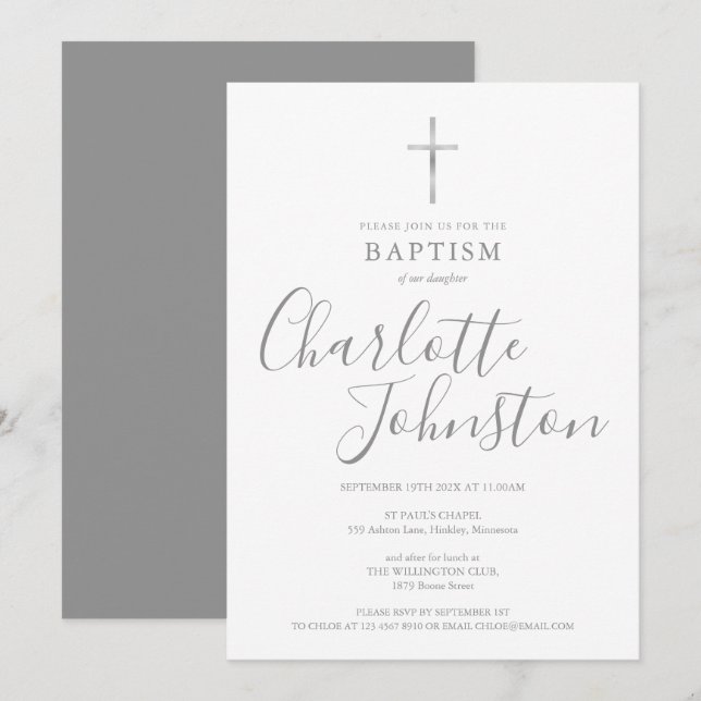 Modern Baptism Christening Silver Signature Invitation (Front/Back)