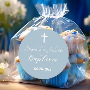 Modern Baptism Christening White Cross Dusty Blue  Classic Round Sticker