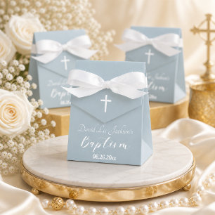 Modern Baptism Christening White Cross Dusty Blue Favour Box