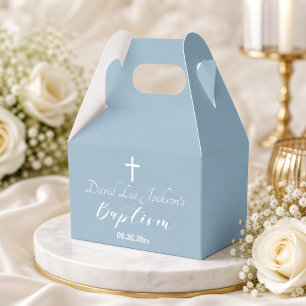 Modern Baptism Christening White Cross Dusty Blue Favour Box