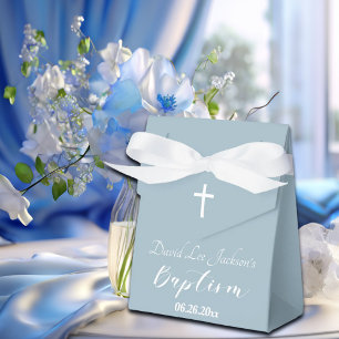 Modern Baptism Christening White Cross Dusty Blue Favour Box