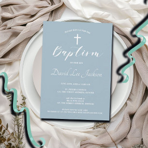 Modern Baptism Christening White Cross Dusty Blue Invitation