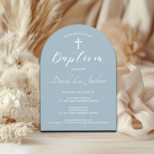 Modern Baptism Christening White Cross Dusty Blue Invitation