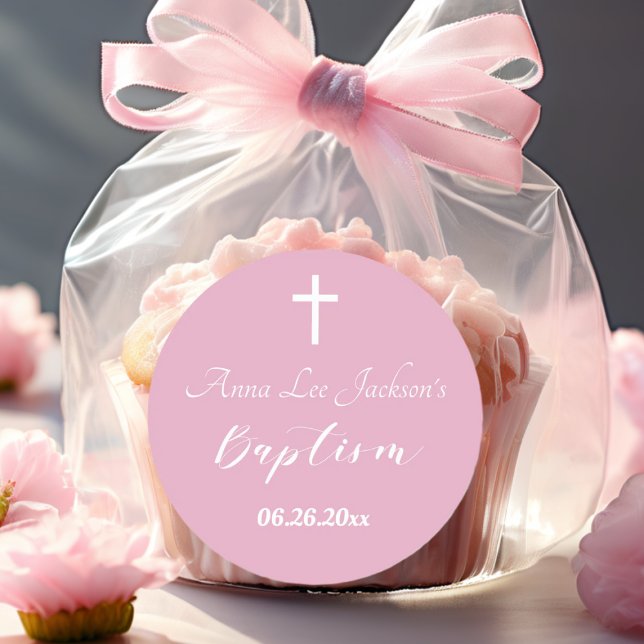 Modern Baptism Christening White Cross Dusty Pink Classic Round Sticker (Creator Uploaded)