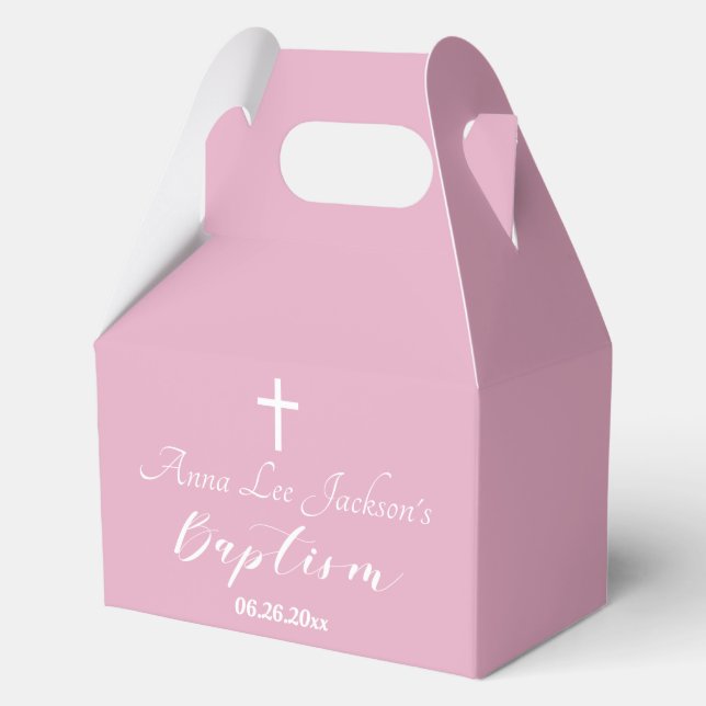Modern Baptism Christening White Cross Dusty Pink Favour Box (Front)
