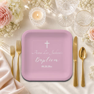 Modern Baptism Christening White Cross Dusty Pink Paper Plate