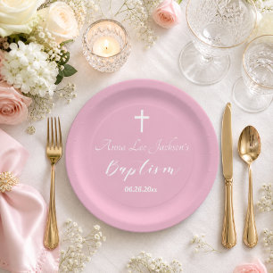 Modern Baptism Christening White Cross Dusty Pink Paper Plate