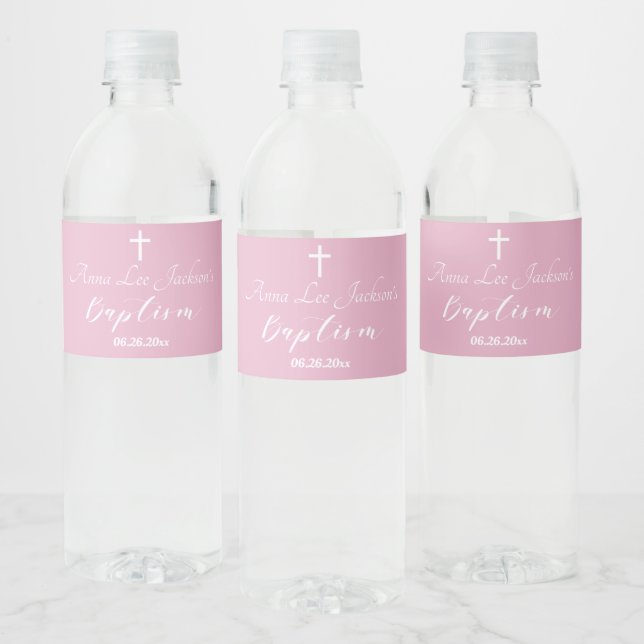 Modern Baptism Christening White Cross Dusty Pink Water Bottle Label (Bottles)