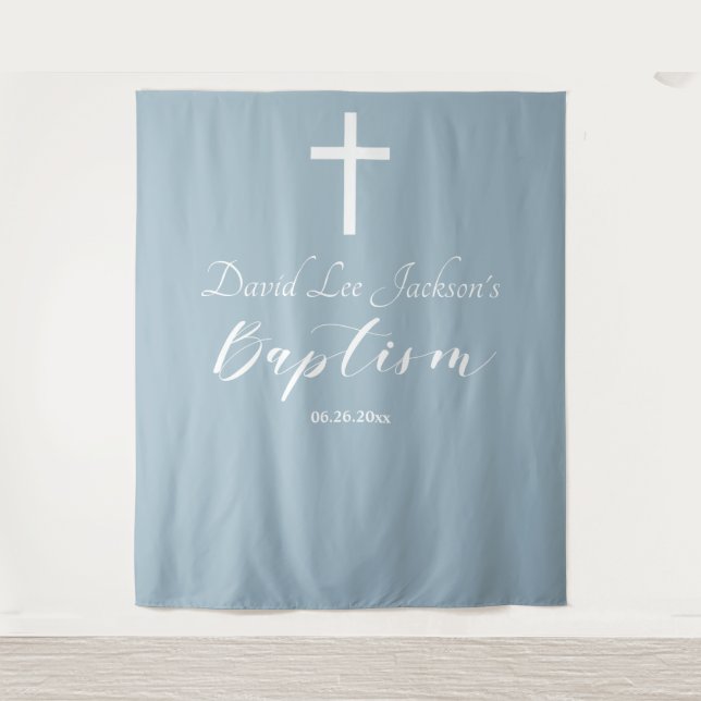 Modern Baptism Dusty Blue Welcome Backdrop Tapestry (Front)