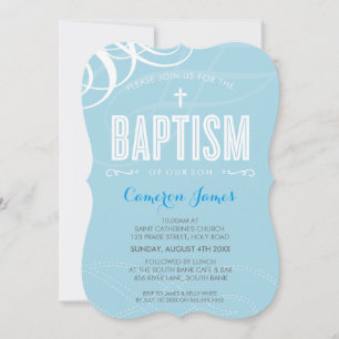 MODERN BAPTISM elegant design white swirl blue Invitation