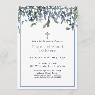 Modern Baptism Greenery Blue Flowers Invitation