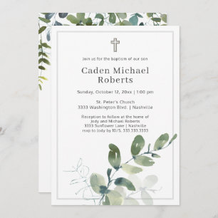 Modern Baptism Greenery Cross Invitation