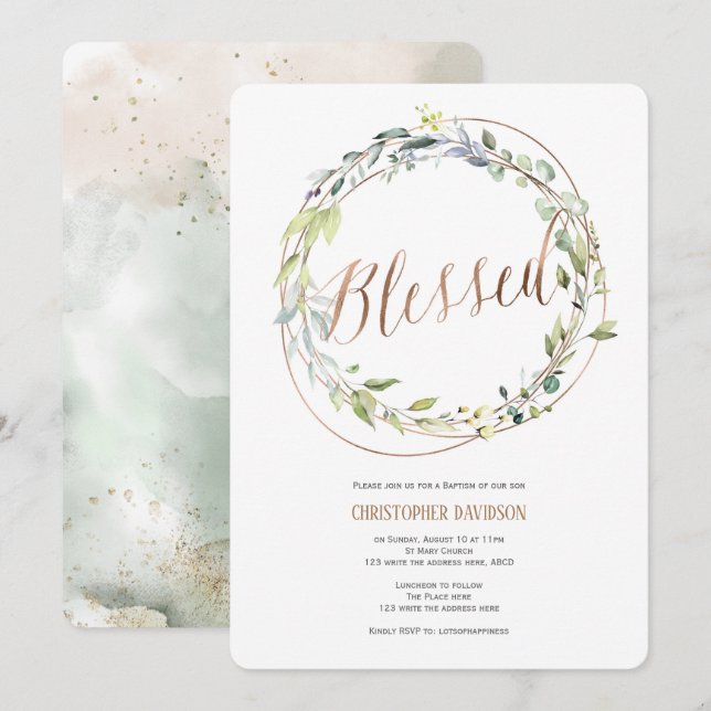 Modern, Baptism Invitation, Watercolor, Greenery, Invitation (Front/Back)