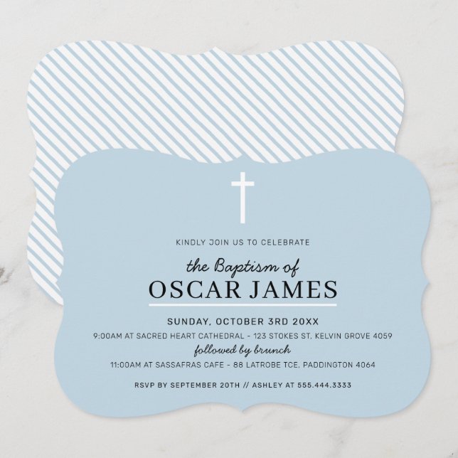 MODERN BAPTISM minimal cross simple pale blue boy Invitation (Front/Back)