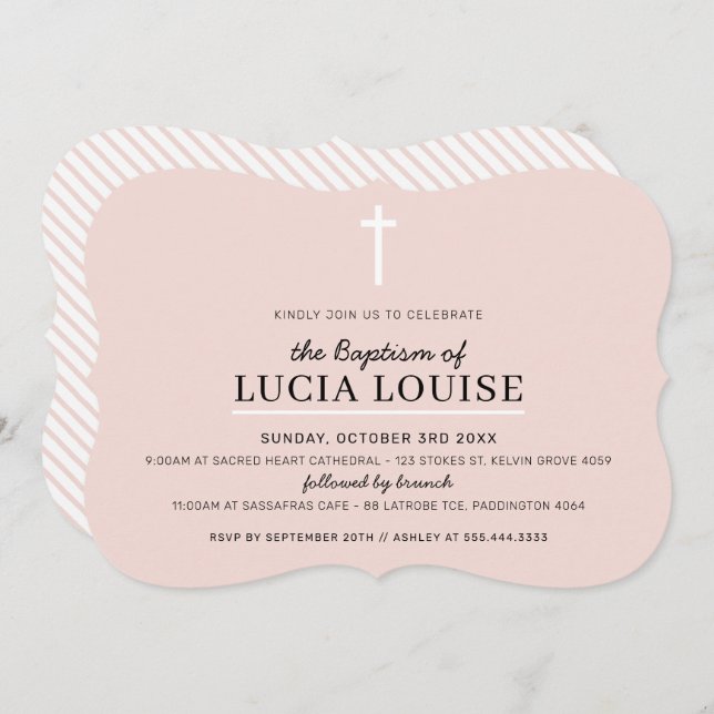 MODERN BAPTISM minimal cross simple pale pink girl Invitation (Front/Back)