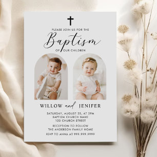 Modern Baptism Twins Boy and Girl Photo Invitation