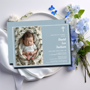 Modern Baptism White Cross Dusty Blue Photo Invitation