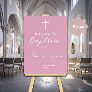 Modern Baptism White Cross Dusty Pink Welcome Poster