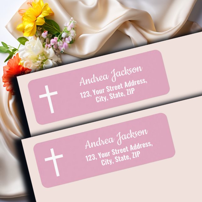 Modern Baptism White Cross Pink Return Address (Creator Uploaded)