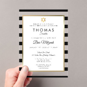 Modern Bar Bat Mitzvah Classic Black Stripe Gold  Acrylic Invitations