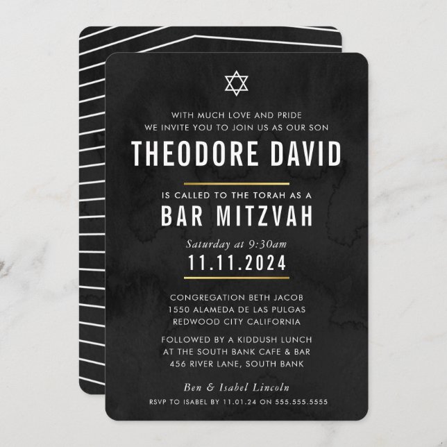 MODERN BAR MITZVAH black pattern simple Invitation (Front/Back)