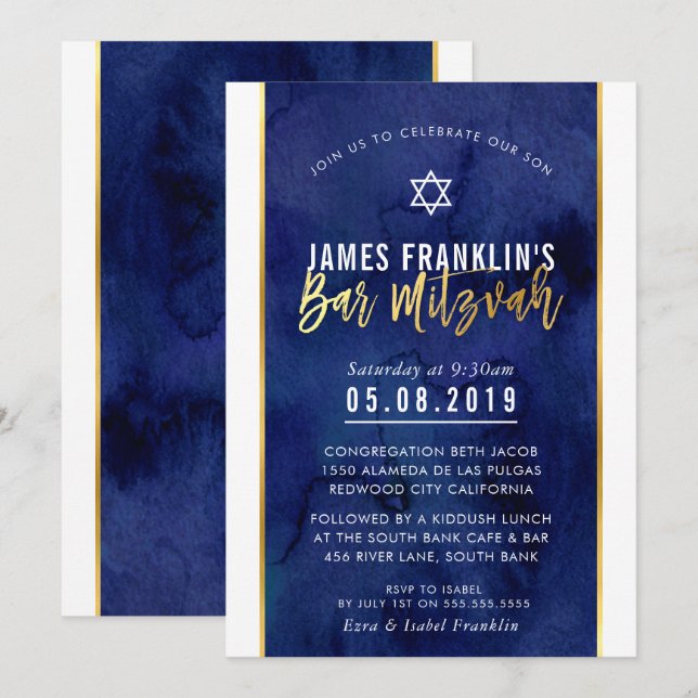 MODERN BAR MITZVAH blue watercolor gold writing Invitation (Front/Back)