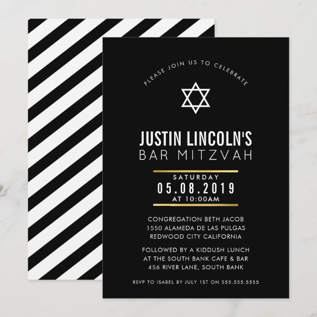 MODERN BAR MITZVAH cool classy bold minimal black Invitation (Front/Back)