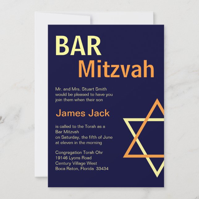 Modern Bar Mitzvah Invitation- Orange & Navy Blue Invitation (Front)