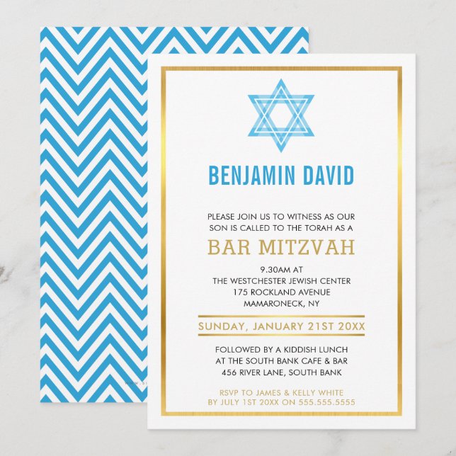 MODERN BAR MITZVAH INVITE gold blue jewish star (Front/Back)