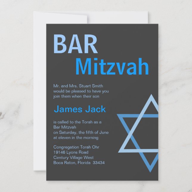 Modern Bar Mitzvah Invitiation- Blue & Grey Invitation (Front)