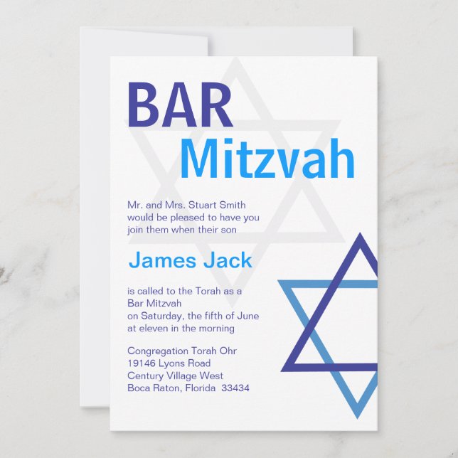 Modern Bar Mitzvah Invitiation- Blue & White Invitation (Front)