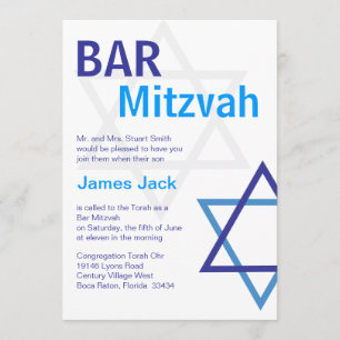 Modern Bar Mitzvah Invitiation- Blue & White Invitation