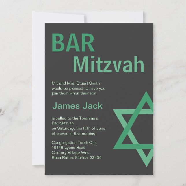 Modern Bar Mitzvah Invitiation- Green & Grey Invitation (Front)