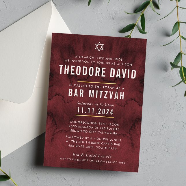 MODERN BAR MITZVAH maroon red pattern simple Invitation (Creator Uploaded)