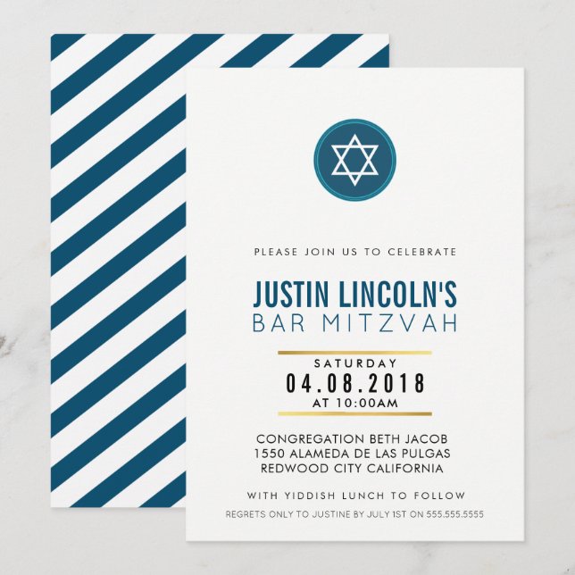 MODERN BAR MITZVAH party INVITE cool dark blue (Front/Back)