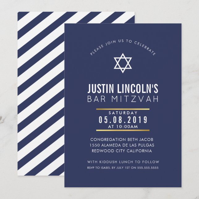 MODERN BAR MITZVAH party plain bold minimal navy Invitation (Front/Back)