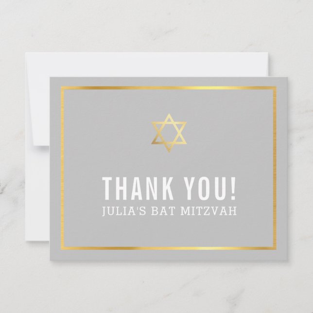 MODERN BAR MITZVAH simple thank you gold star grey (Front)