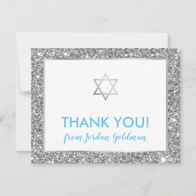 MODERN BAR MITZVAH thank you cool silver glitter Card (Front)