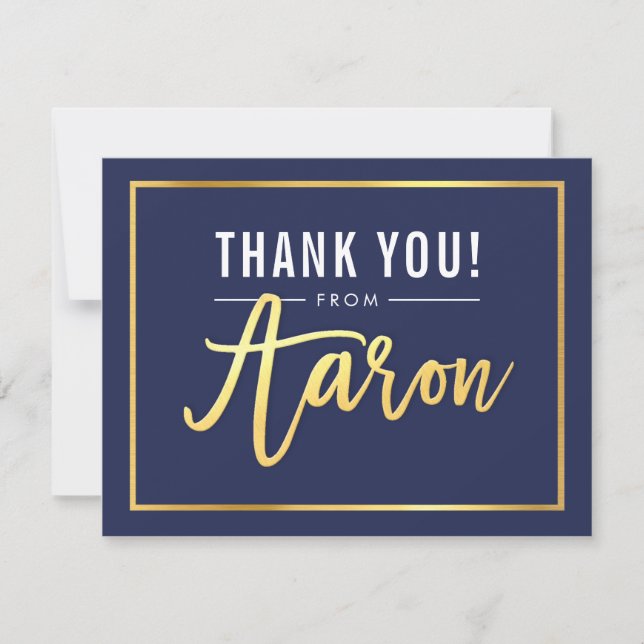 MODERN BAR MITZVAH thank you gold foil AARON navy Card (Front)