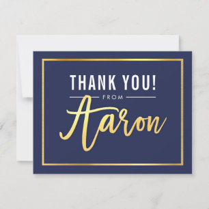 MODERN BAR MITZVAH thank you gold foil AARON navy Card