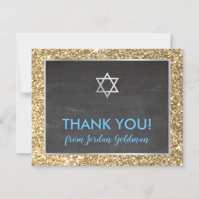 MODERN BAR MITZVAH thank you gold glitter grey Card (Front)