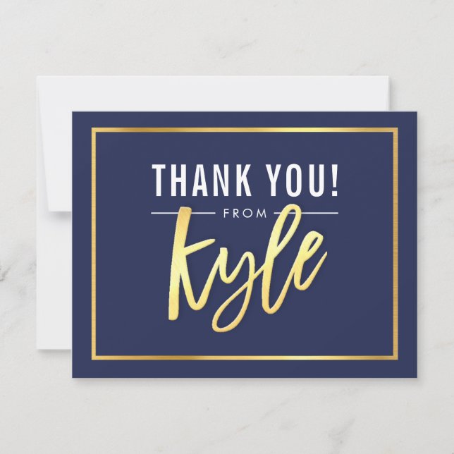 MODERN BAR MITZVAH thank you gold name KYLE navy Card (Front)