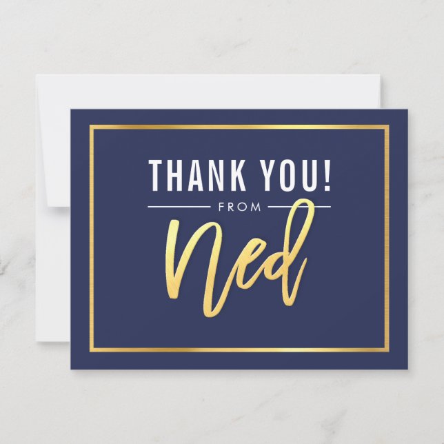 MODERN BAR MITZVAH thank you gold name NED navy Card (Front)