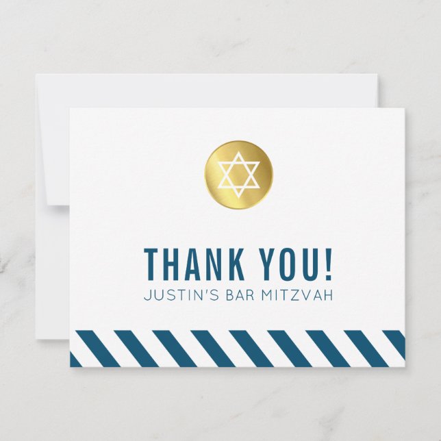 MODERN BAR MITZVAH thank you gold spot white blue Card (Front)