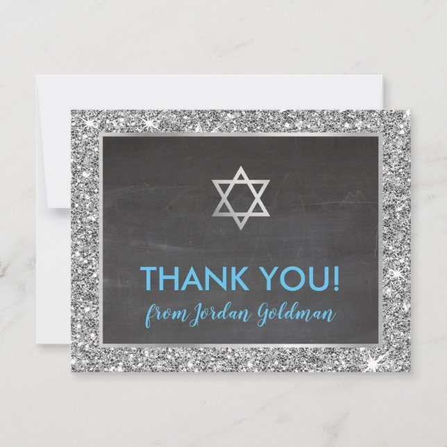 MODERN BAR MITZVAH thank you silver glitter grey Card (Front)